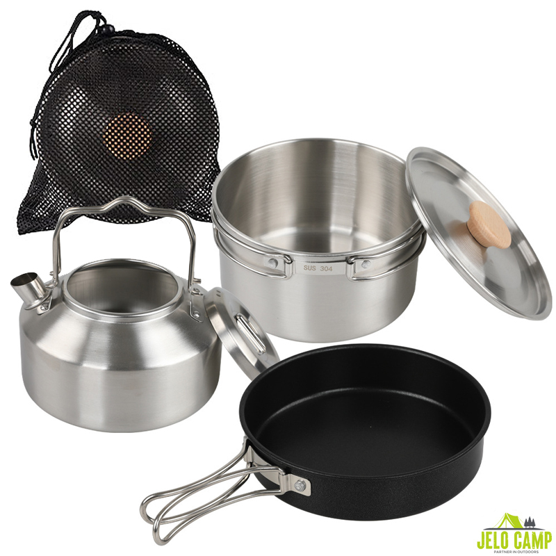 High-Grade 304 Stainless Steel - Camping Cooking Set With Kettle 评论和价格