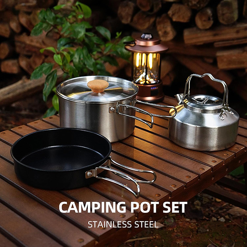 High-Grade 304 Stainless Steel - Camping Cooking Set With Kettle 评论和价格